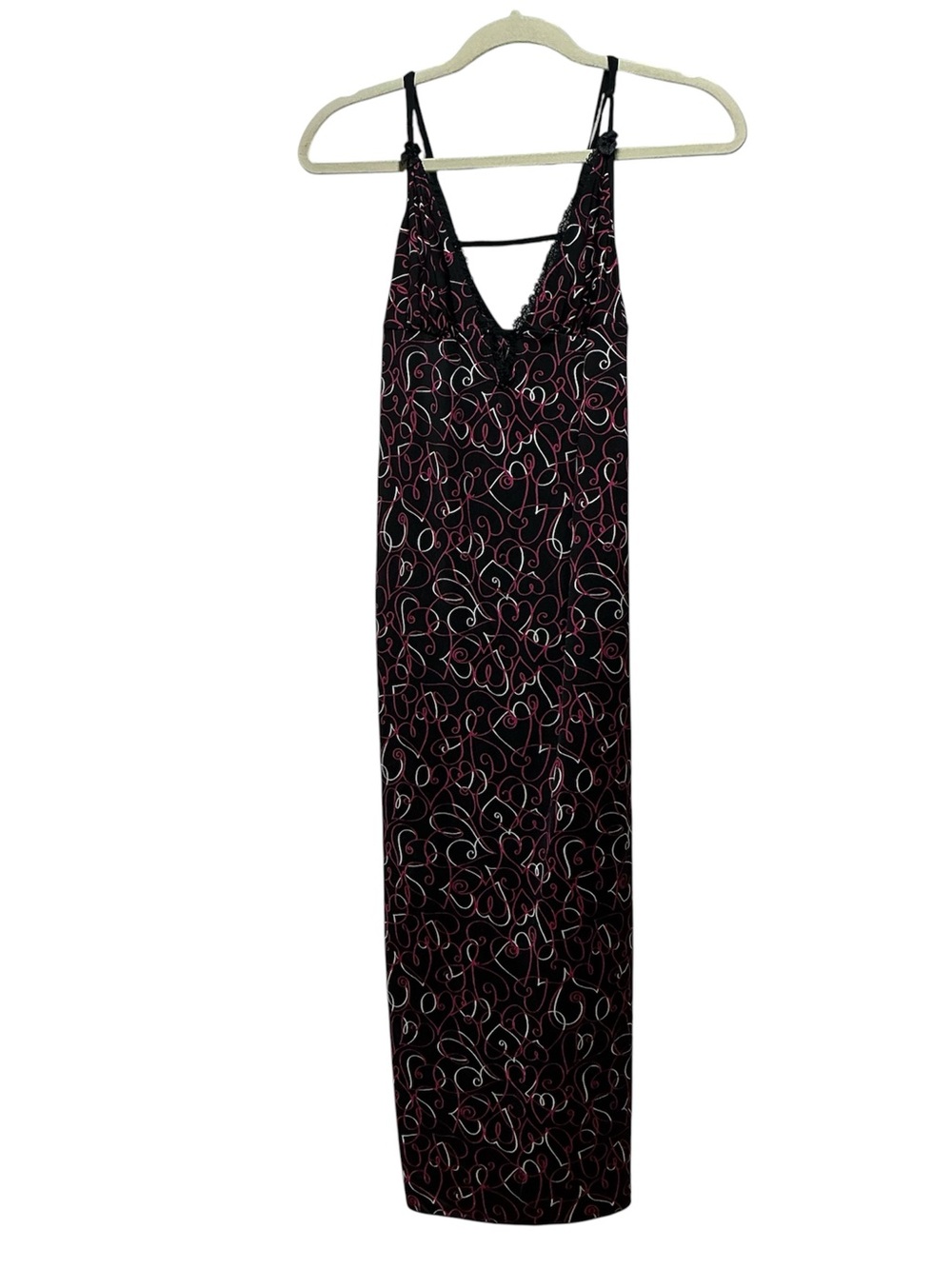 Vintage Y2K Smart & Sexy Womens Sz L Midi Length Nightgown Black w/ Pink Hearts